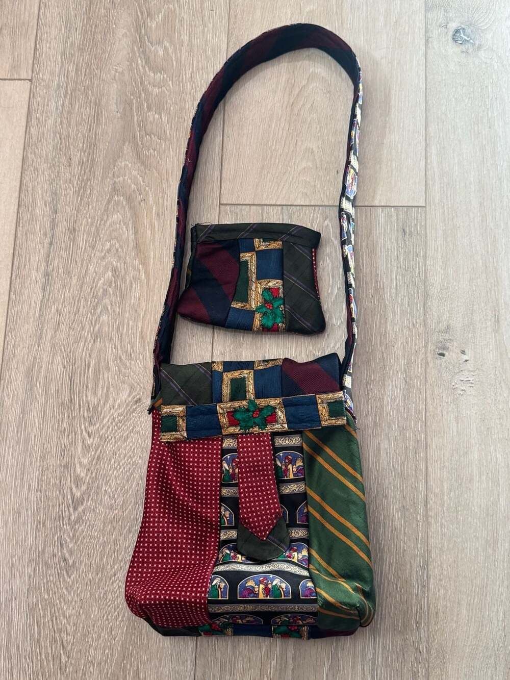 Upcycled Necktie Patchwork Shoulder Bag Matching Wallet Y2K Artsy OOAK Handmade